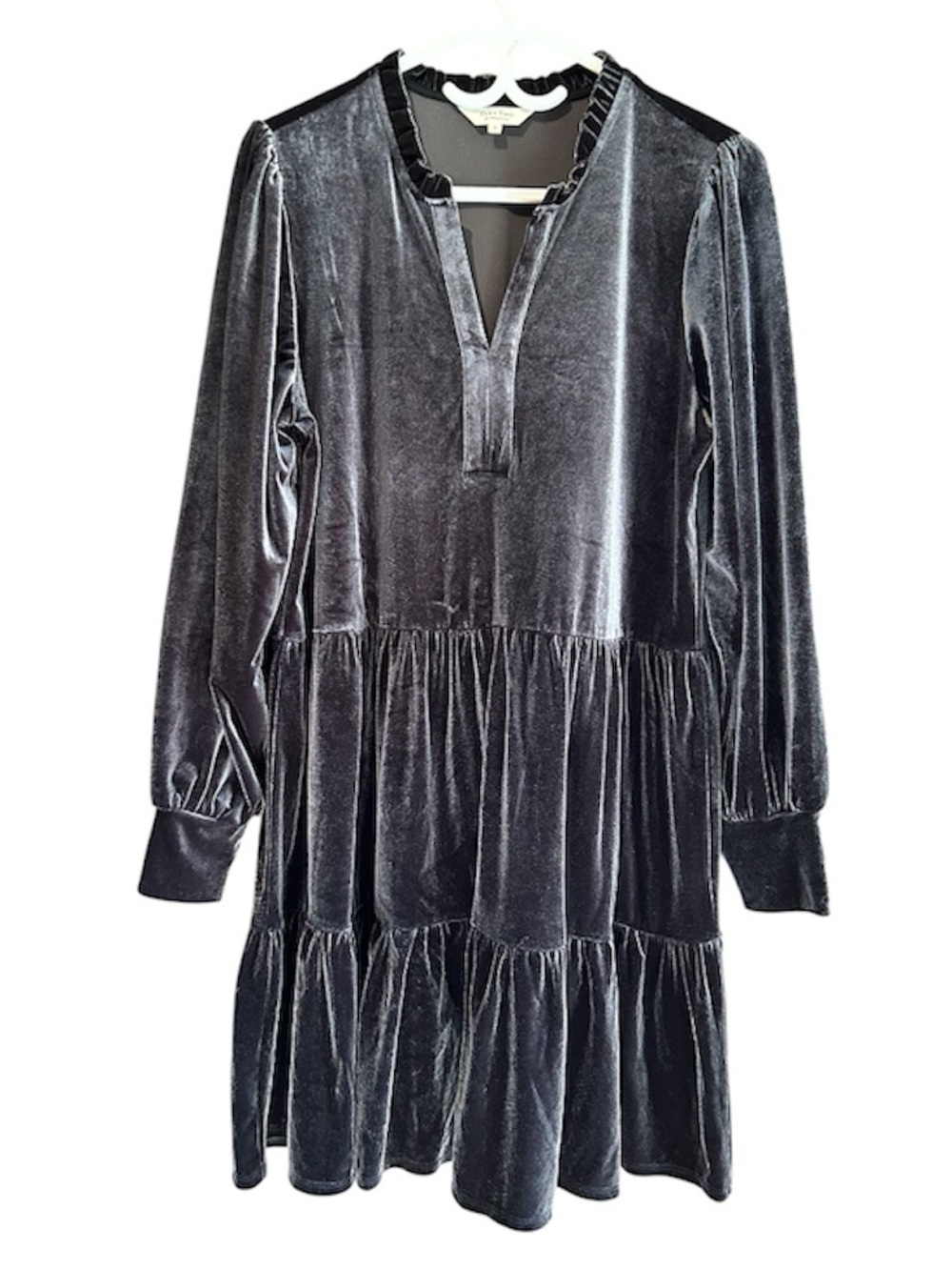 Part Two Velvet Tiered Long-Sleeve Dress in Charcoal Gray